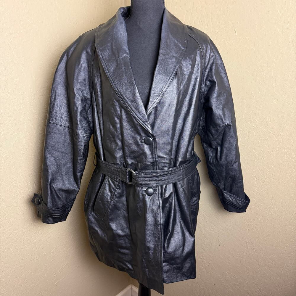 Liz Baker Essentials Women’s PL Black Genuine Leather Belted Trench Coat